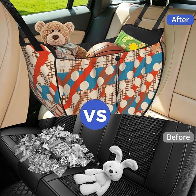 Dot Plaid Car Seat Organizer-Backseat Storage Bag for Travel | Waterproof Durable. Holds Snacks Gear Essentials. Fits Most Cars.