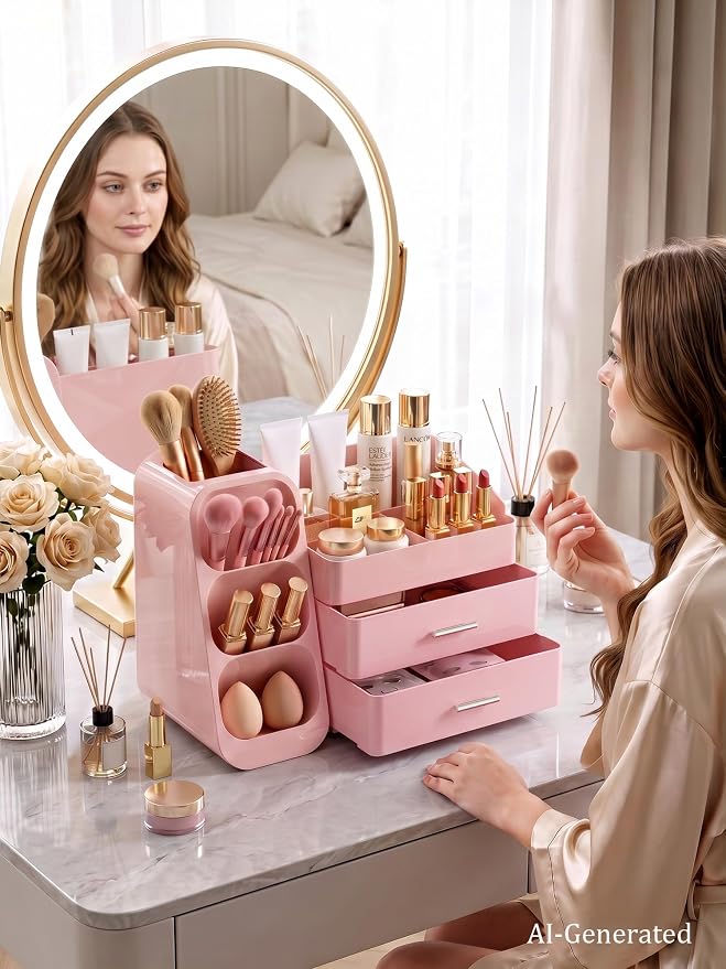 Pink Makeup Organizer with Drawer for Bathroom Countertop Dresser Desk | Large Capacity Make up Organizers for Vanity Counter, Easy To Storage Skincare, Perfume, Brushes, Psticks, Eyeshadow,Palettes