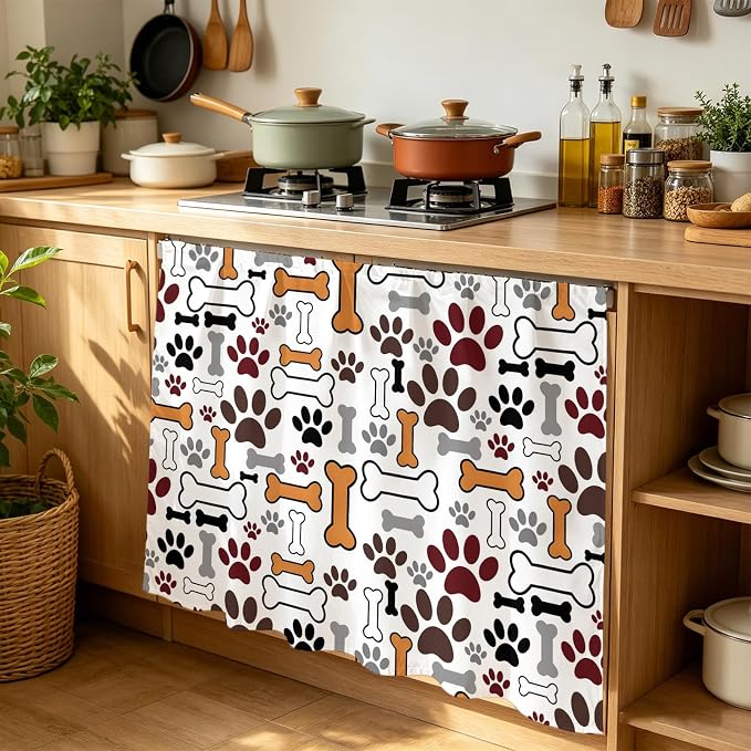 Dog Claws Cabinet Dishwasher Hidden Curtains, Privacy Closet Door Curtain, Pet Cat Cartoon Cute Animal Bone Pawprints Adhesive Dust Proof Under Sink Skirt for Bathroom Kitchen 35"x35"