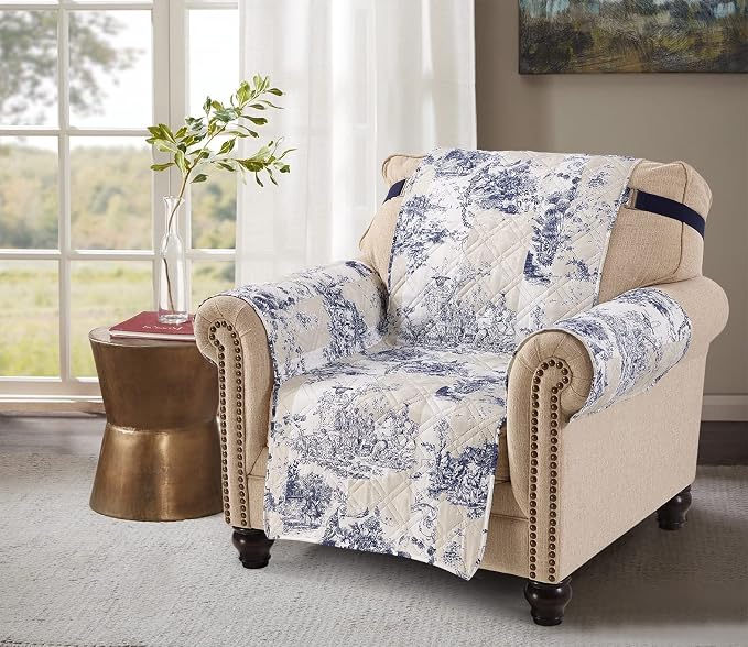 Brilliant Sunshine Blue Toile Couch Armchair Cover, Beige Ivory, 23" seat | Quilted Sofa Cover, Living Room & Bedroom Furniture Protector, Washable Chair Slipcover for Pets, Dogs & Cats
