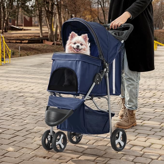 MoNiBloom Pet Stroller for Small/Medium Dogs and Cats up to 33 lbs, Blue | Foldable Dog Stroller 3 Wheels Pet Strolling Cart w/ Storage Basket Cup Holder, Breathable and Visible Mesh for All-Season