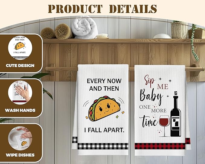 Kitchen Towels Set of 2, Tacos and Wine Dish Towel for Kitchen, Decorative Hand Towels for Bathroom, Fast Drying Tea Towel with Funny Sayings, Housewarming Xmas Gifts for Women Mom -B17