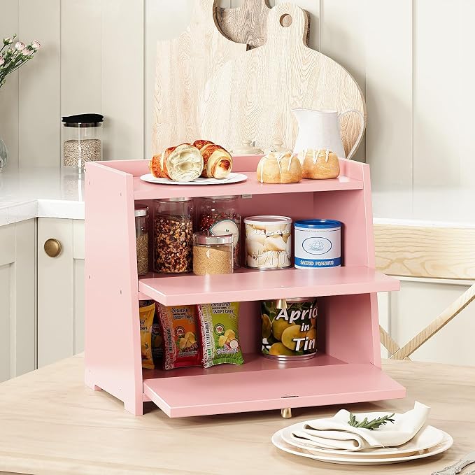Trironsun Vintage Double Layer Bread Box for Kitchen Counter Bamboo Bread Storage Container Large Capacity Bread Storage Bin (Pink)