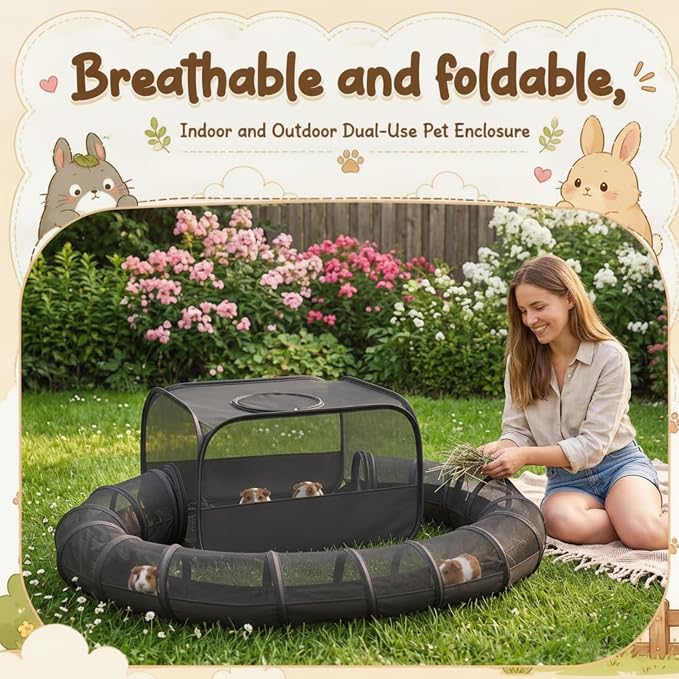 Lewtemi Guinea Pig Playpen with Tunnel 27.5x27.5x16.5 Inch, Breathable Mesh Rabbit Playpen for Bunny Hamster Ferret Chinchilla, Foldable Small Animal Enclosure Indoor Outdoor with Carry Bag, Black