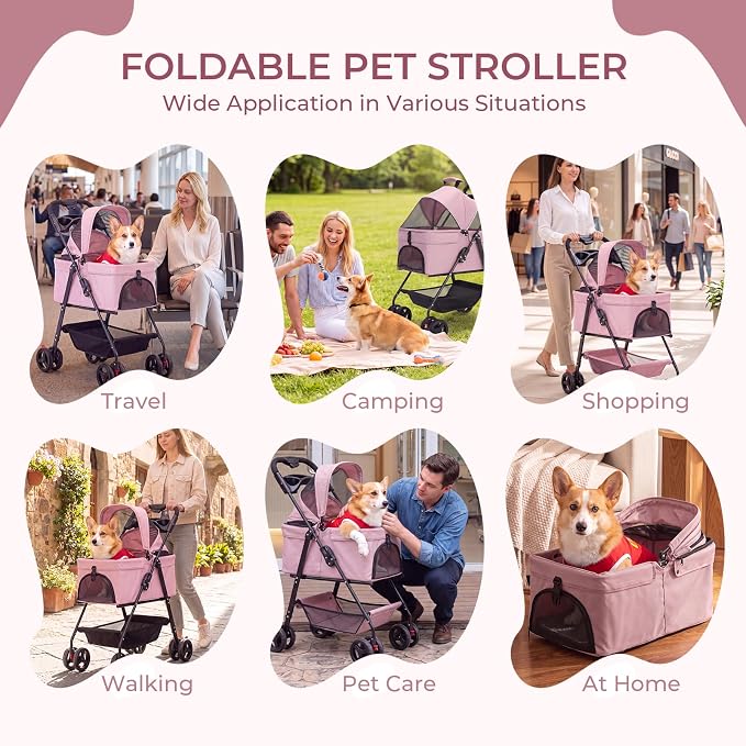 4-Wheel Pet Stroller for Small Medium Dogs Cats, One-Click Foldable | Portable Dog Stroller, Detachable Carrier, Cup Holder & Storage Basket, Safety Tether, Breathable Mesh, Up to 44lbs, Pink