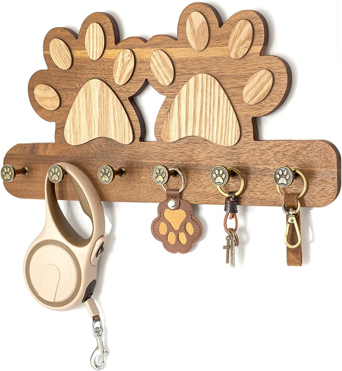 MTERSN Acacia Wood Cute Dog Leash Holder for Wall for Pet Organizer, Brown | Acacia Wood, Unique 3D Pet Claw Hooks, Key Holder Wall Mount with 6 Hooks, Farmhouse Home Decor for Entryway & Apartment