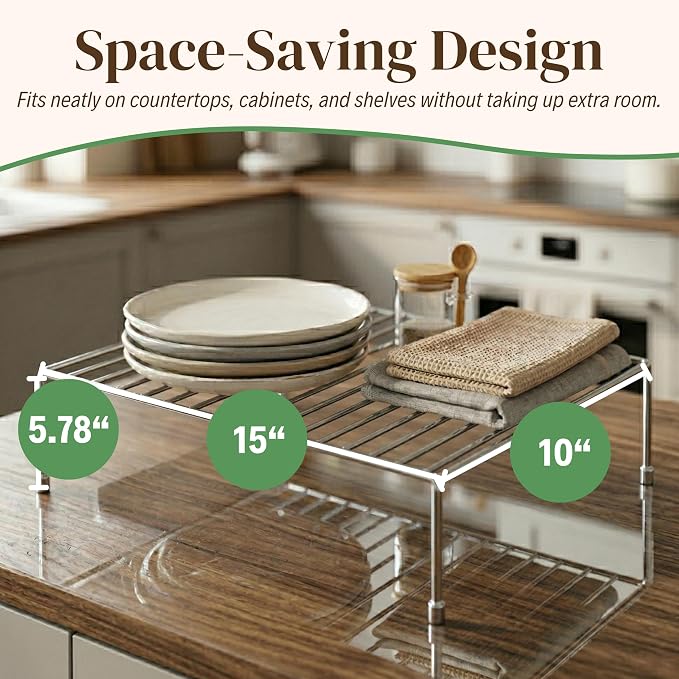 Evelots Wire Shelf Organizer Set, Large Metal Cabinet Risers, 4-Pack Chrome | Four large rustproof metal shelf organizers create extra storage space in kitchen cabinets, pantries, freezers and bathrooms.