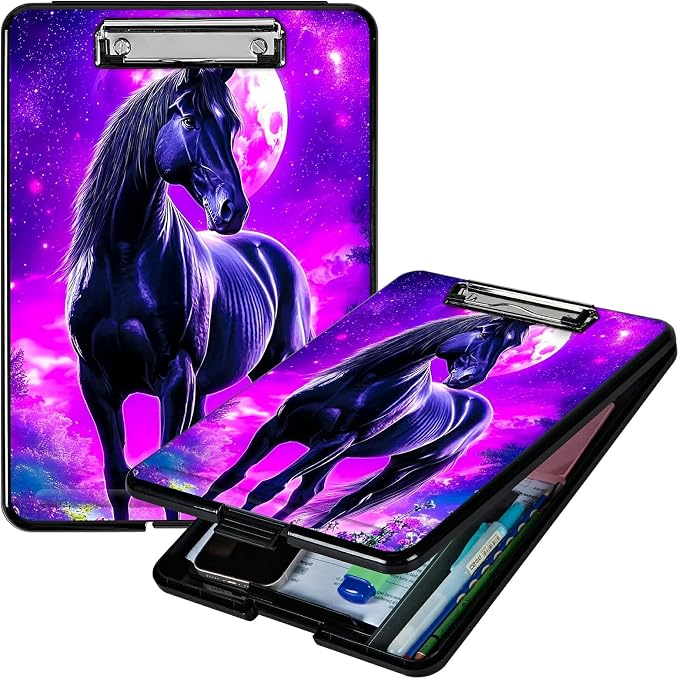 Heavy Duty Storage Clipboard, Slim Nursing Clipboard with Internal Pen Case, Portable File Organizer Case for A4 Letter Size Paper Office Medical Professionals, Purple Black Horse