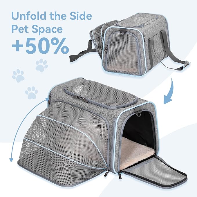 Petsfit Medium Expandable Cat Carrier for Air Travel, Up to 13 lb | 17 x 11 x 11 in; sized for Delta Airlines, with locking zippers, a handy D-ring, large pocket and multi-side ventilation.