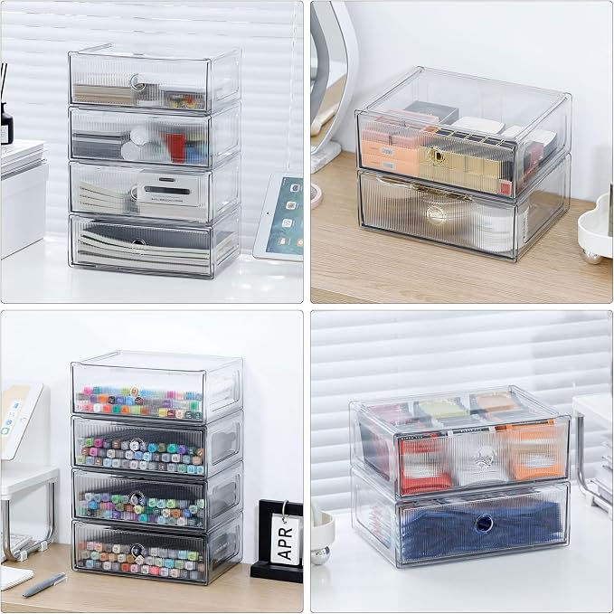 Clear Desk Drawer Organizers, 4 Drawers, Plastic | Stackable Desk Organizers and Accessories, For Marker Pen, Pencils, Stationery, For Home Office, Bathroom, Kitchen