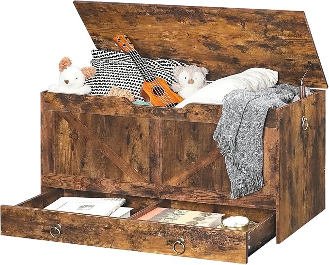 HOOBRO Storage Chest, 39.3" Toy Chest with Drawer, Wooden Storage Bench, Sturdy Entryway Bench Supports 220 lb, Shoe Bench, Safety Hinge, U-Shaped Opening, Easy Assembly, Rustic Brown FG710CW01G2