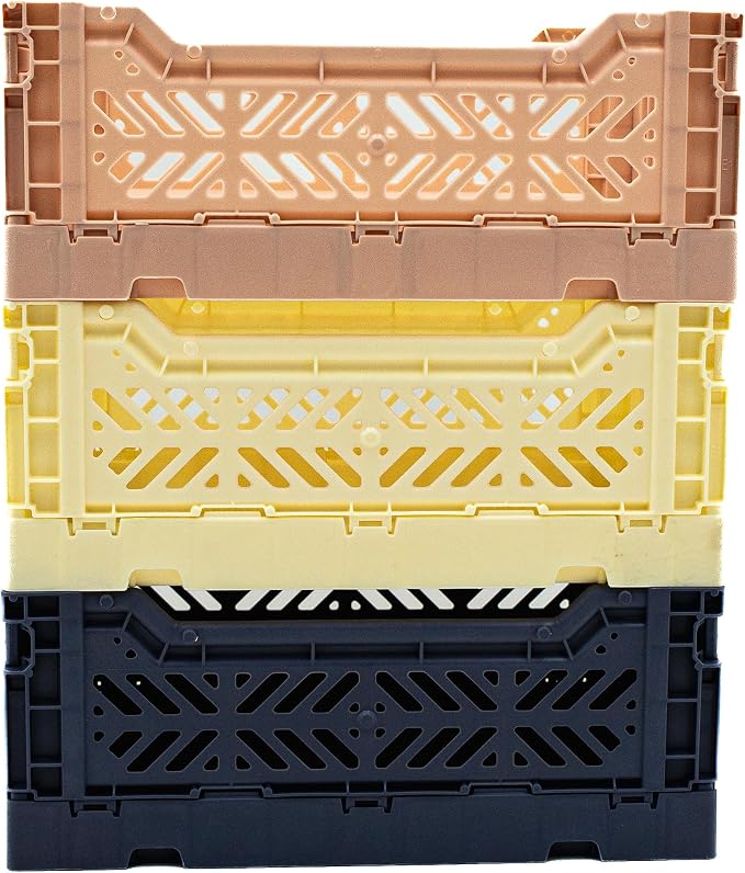 Collapsible Storage Box, Foldable Crate Organizer Bin with Handle, Stackable Crates for Home Organization (Cream-Navy-MilkTea, 4L -3-Pack)
