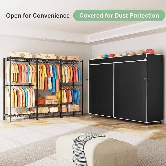 SEMHOR K01C Heavy Duty Clothes Rack with Cover Black, Max Load 860LBS | Freestanding Portable Closet System with Shelves, Adjustable Carbon Steel Garment Rack, Clothing Racks for Hanging Clothes