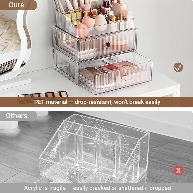 3 Tier Clear Makeup Organizer with Drawer, PET Cosmetic Storage for Dresser, Countertop & Bathroom Vanity, Holders for Lipstick, Brushes, Skincare & Beauty Supplies