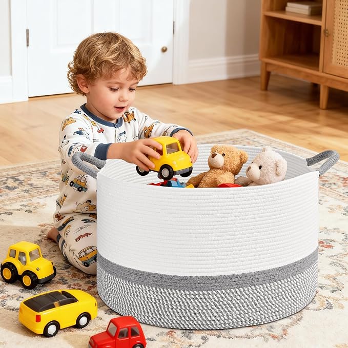 67L Large Blanket Basket, 20"x13" Blanket Basket Living Room, Woven Baskets With Handle, Toy Baskets for Blankets, Nursery, Dog, Pillow, Gift (White & Light Grey)