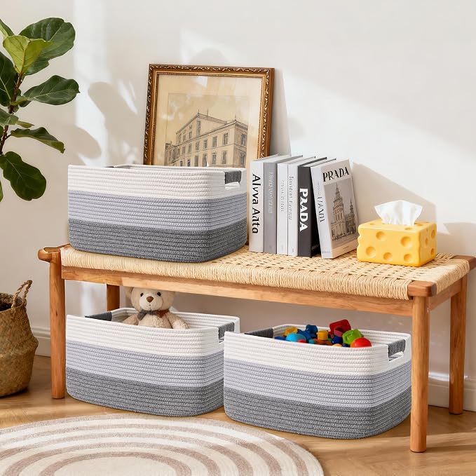 2 Pack Large Storage Basket for Organizing, 17.5"x13"x7" Woven Basket for Shelves, Closet Cube Storage Bins with Wrapped Handle, Cotton Rope Baskets for Kitchen, Clothes, Toys(Gradient Grey)