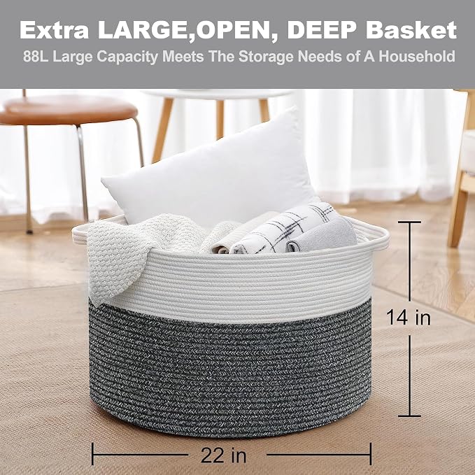 MEGASKET Large Throw Blanket Basket, 22" X 22" X 14" XXXL Blanket Holder for Living Room, Big Wicker Baskets for Storage, Woven Cotton Rope Kids Toy Box, Throw Pillow Holder Organizer Bin