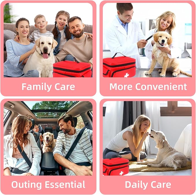 First Aid Bag Empty, 5-Piece Set with Large Medical Organizer, 3 Portable Pouches & Carry Bag for Pet First Aid Kits, Home Adventure Travel Medical Supplies (Red)