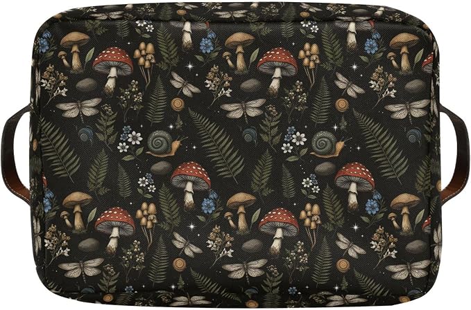 Mushroom Botanical Storage Basket Fabric Kitchen Baskets Dragonfly Berry Flowers Fern Open Home Storage Bins Boxes Foldable Organizer Bag for Baby Cloth Pet Toy Book Shelf Closet Baskets 16×12×8 IN