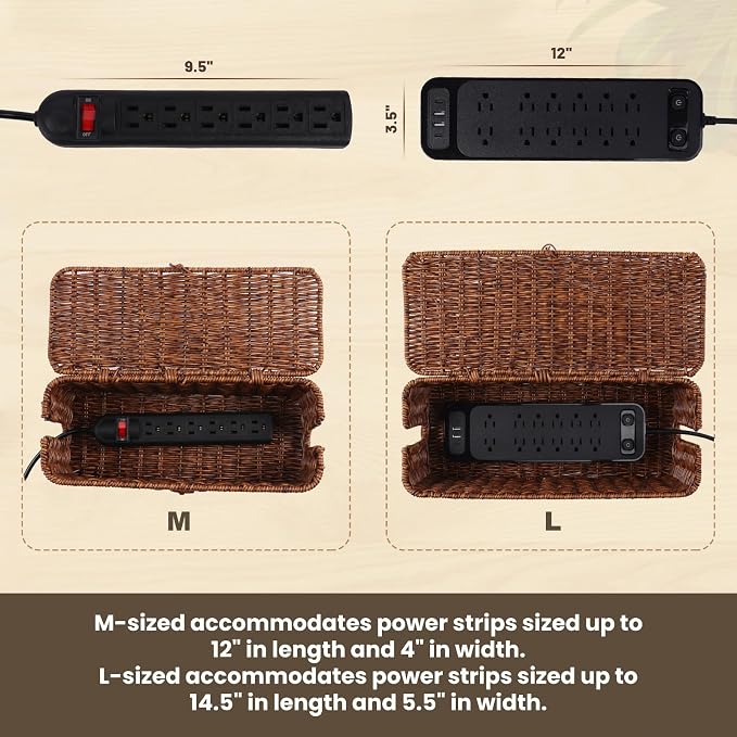 Cable Management Box, Cord Organizer with Lid & Cable Ties - Brown Set | Handmade Open Slots Cord Hider Outlet Covers for Power Strip TV PC Router Charger Under Desk Storage