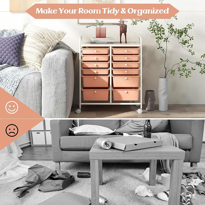 12 Drawer Rolling Storage Cart, Art Cart Organizer on Wheels, Mobile Utility Cart with Drawers, Multipurpose Craft Drawers for Home Office School Classroom (Peach)