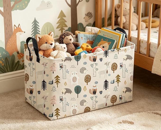 Sanjiaofeng Rectangular Cute Animals Storage Baskets,Foldable Kids Toy Clothes Bins for Bedroom,Woodland Animal Basket,Books Box, Gift Basket(Tree Trunk Animals)