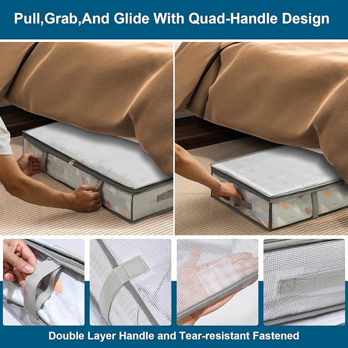 LANDNEOO 6 Pack Under Bed Storage Containers Bins, Humid-Proof Plastic Underbed Storage Bins, Clothes Storage and Organization Bags, Under the Bed Blanket Storage with Handles for Clothes, Bedroom