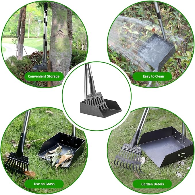 Pooper Scooper, Long Handle Pet Supplies with Stainless Metal Tray and Rake | Fits Multiple Pets,Stainless Steel, Rust-Proof, 38.5" Extended Reach, for Grass Dirt Gravel, Heavy Duty, No Bending