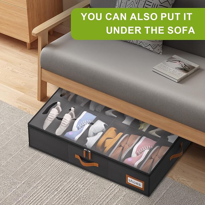 Shoe Organizer Under Bed, Fits 32 Pairs, Under bed Shoe Storage Boxes with Study Handles and Clear Cover, zapateras organizer for shoes, set of 2