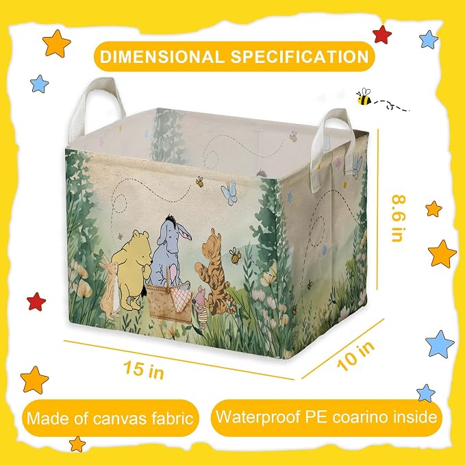 Winnie Nursery Decor, the Pooh Baby Stuff, Winnie Storage Nursery Basket, Large squarecanvas Laundry Hamper With A Waterproof PECoating, Foldable, Toys Bin, Baby Nursery HamperDecor, Classic