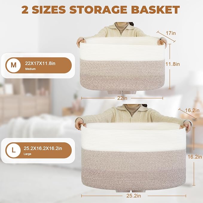 danpinera 108L Large Blanket Basket for Living Room, Woven Storage Basket with Leather Handles, Cotton Rope Storage Organization in Nursery for Toys & Clothes 25 ''* 16 ''*16 '', Gradient Brown
