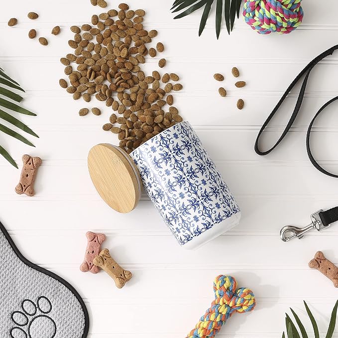Bone Dry Ceramic Pet Treat Canister with Bamboo Lid, Dishwasher Safe, Countertop Storage, Keep Dog & Cat Treats Safe & Dry, 4x6.5", Blue Tile