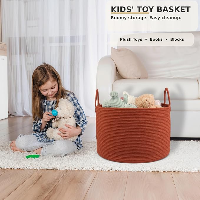 XUANGUO 66L Large Blanket Basket, Round Cotton Rope Basket, Rustic | 20" x 13" Laundry Basket with Sturdy Handles for Blankets, Pillows and Toys; Storage for Living Room, Bedroom and Nursery