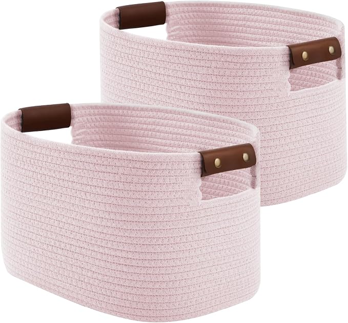 ECDYQXVU 15x10x9 Woven Cotton Rope Storage Basket, Leather Handles 2 Pack | Foldable Design, Sturdy PU Handles, Easy to Clean Organizer for Living Room, Closet, Shelves, Bedroom, Laundry, Clothes