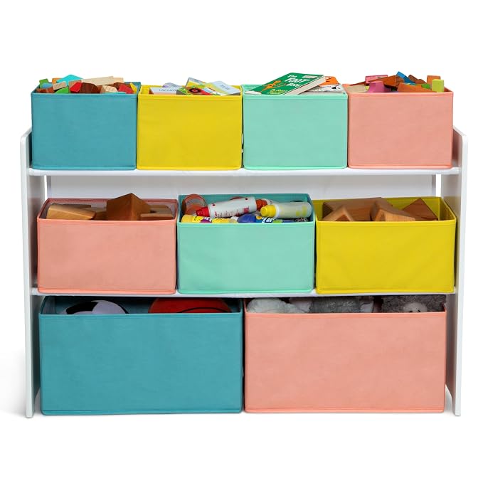 Delta Children Deluxe Multi-Bin Toy Organizer with Storage Bins - Greenguard Gold Certified, White with Blue/Orange/Pastel Bins