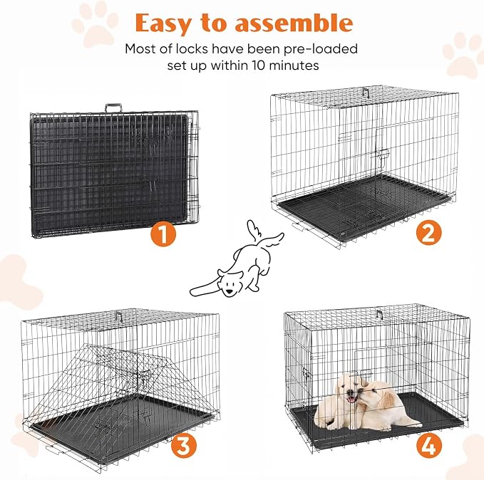 Sweetcrispy Dog Crate 48 Inch, Medium Large Dog Cage, Foldable Pet Kennel | Double Door, Metal Kennel, Secure Lock, Removable Tray, Indoor Outdoor Training Travel