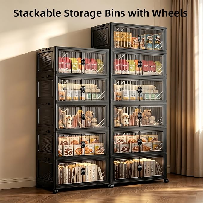 5-Tier Foldable Storage Cabinet with Wheels & Lid, 242QT Large Stackable Organizer, No Tool Required, Storage Cabinet for Garage, Home Office, Pantry, Kitchen, Dorm