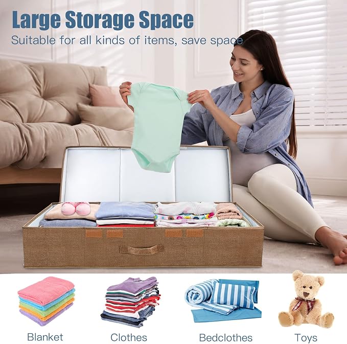 Supowin 2Pack Large Underbed Storage Containers Bin with Lids, Dark Brown | 6 Inches Tall Under Bed Storage Organizer Box with Handles, Foldable Closet Organizer for Clothes, Blankets, Seasonal Items