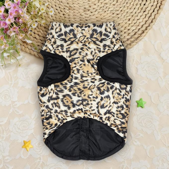Idepet Pet Dog Cat Coat with Leash Anchor Color Patchwork Padded Puppy Vest Jacket Teddy Chihuahua Costumes Pug Cloth XS S M L(X-Large,Leopard)