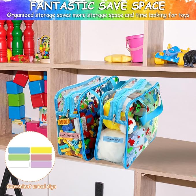 6 Packs Large Toy Storage Bags with Labels, Reusable Clear PVC Storage Bag, Travel Waterproof Organizer Bags (Blue-cute pattern)