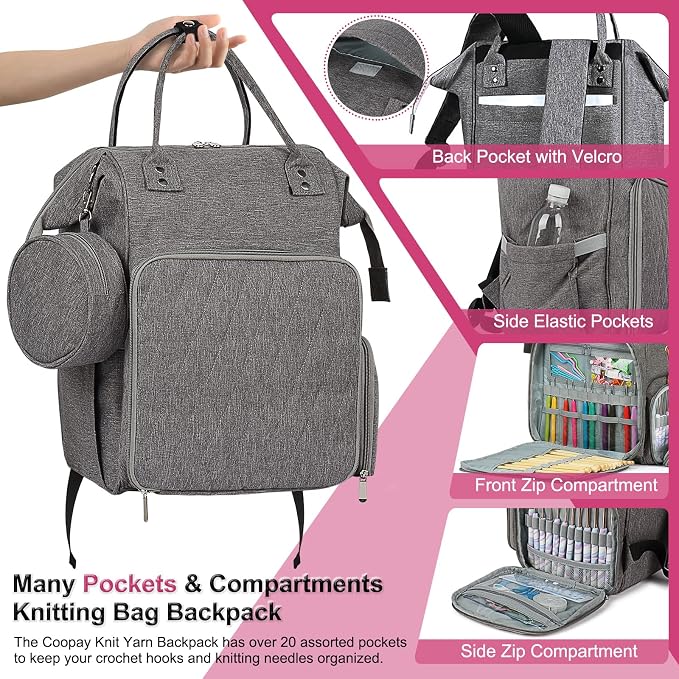 Coopay Huge Crochet Bag, Travel Knitting Bag Yarn Storage Knitting Tote Bag | 7.48''x 11.41''x 14.57''Large Capacity Yarn Storage Organizer for Unfinished Project, Yarn, Knitting & Crochet Supplies, Gray