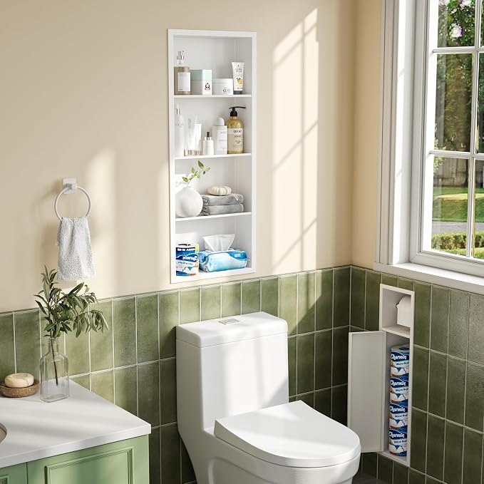 Qeke 14x 36 Medicine Cabinet Recessed with 4-Tiers Shelves, Matte White | 304 Stainless Steel Medicine Cabinet without Mirror, No Tile Needed Wall Niche for Bathroom Storage, Space Saving & Durable