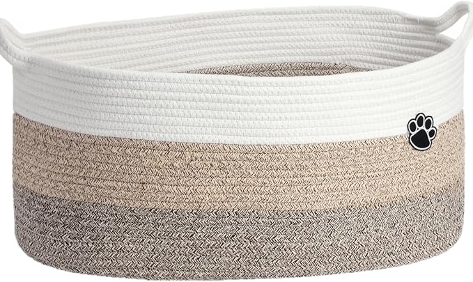 Optish 40L Extra Large Dog Toy Basket, 20" x 14" x 9" XL Toy Storage Box and Bin with Handles, Woven Cotton Rope Foldable Basket for Blankets, Living Room, Bedroom, Home Decor, White & Brown