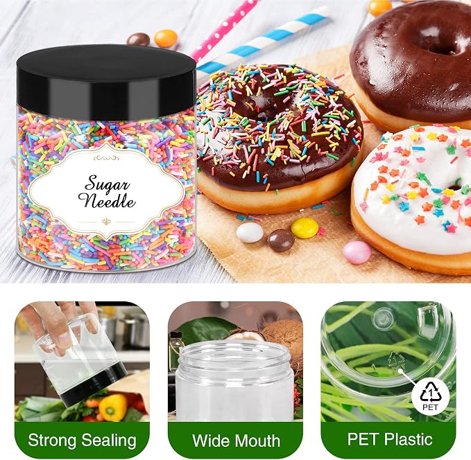 PeacePeo 6 OZ Plastic Jars with Lids,48 Pcs Round Containers for Slime | Wide-Mouth Storage Jars with Black Screw on Airtight Lids, Empty Refillable, Save-Sapce, for Travel Kitchen Food Storage