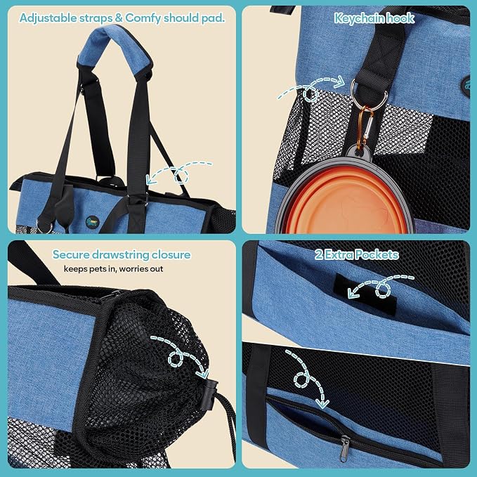 Ownpets XL Cat Dog Purse Carrier, Blue Breathable Mesh, Fits 20lbs | Summer ventilation, lightweight design, shoulder strap, travel vet shopping, blue