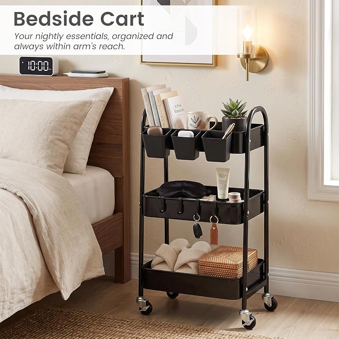 danpinera 3-Tier Rolling Cart, Utility Cart Mobile Metal Rolling Storage Cart with Lockable Wheels & Hanging Cups & Hooks for Kitchen, Bathroom, Office, Workshop, Black
