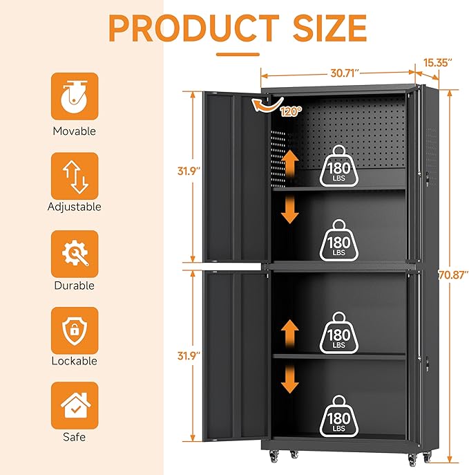 71" H Metal Tool Storage Cabinet with Lock and Wheels, Heavy Duty Garage Cabinet with 4 Doors and 2 Adjustable Shelves, Tool Organizer with Pegboard for Garage, Warehouse(Black, 71" H)