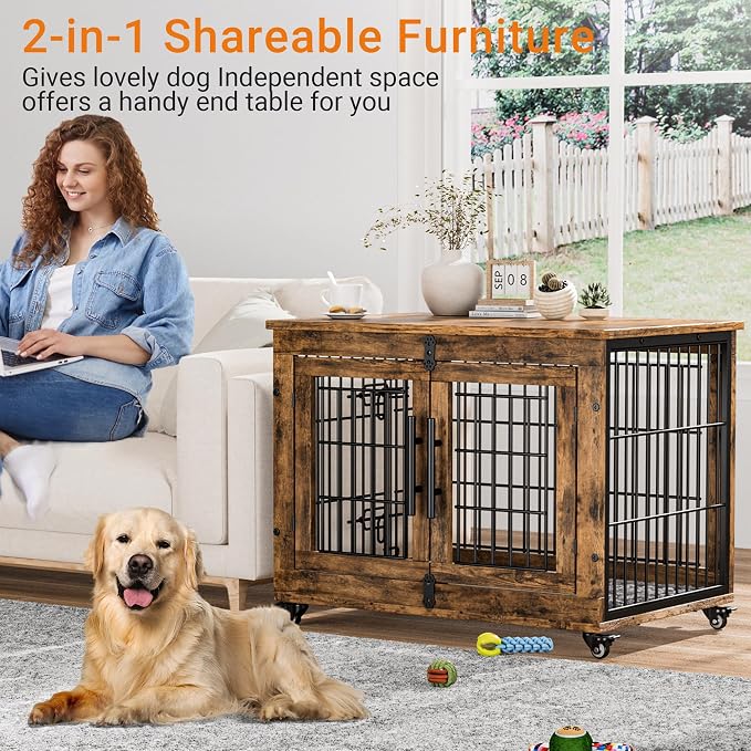 2 Pack Dog Crate Furniture, 32'' Heavy Duty Kennel with Cushion & Wheels | Rustic Brown, Double Doors, Wooden Dog Cage, Chew-Resistant, End Table, Decorative, 27"/32"/38"/44" Options, Indoor