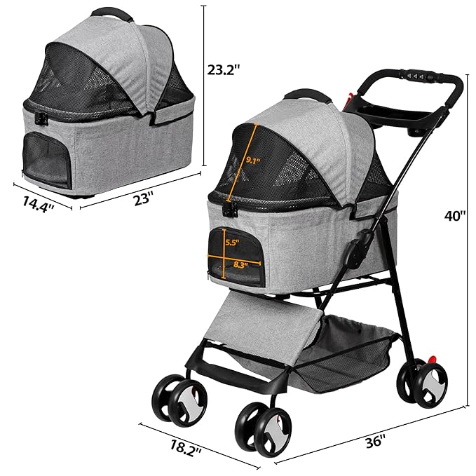 ZENY Pet Stroller, 3 in1 Foldable Dog Cat Jogger Stroller with 4 Wheels | Detachable Basket and Cup Holder, Travel Folding Carrier for Small/Medium Pet (Gray)