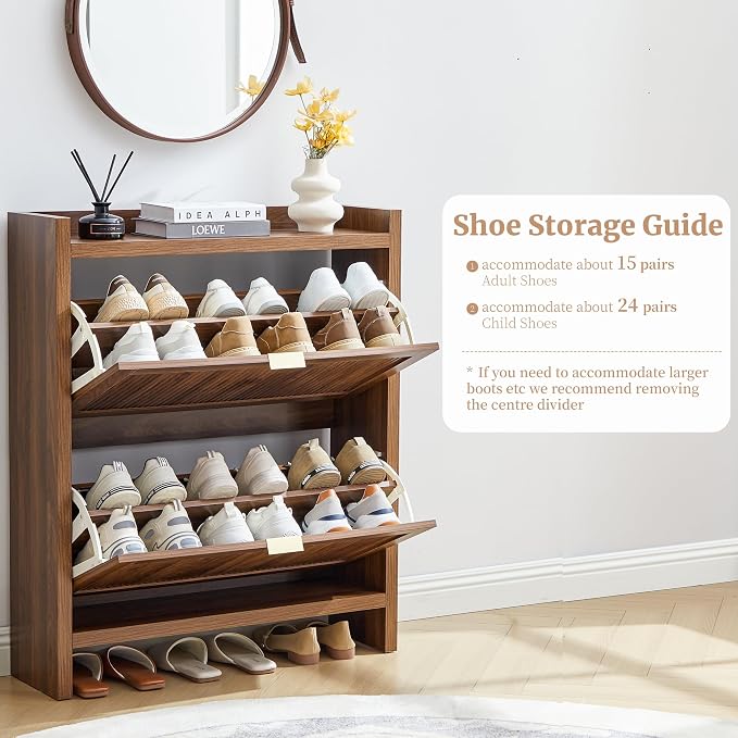 Fluted Shoe Storage Cabinet with 2 Flip Door for Entryway | Farmhouse, Walnut color, Adjustable shelves, Tabletop guardrail, Freestanding shoe storage cabinet, for Entryway/hallway